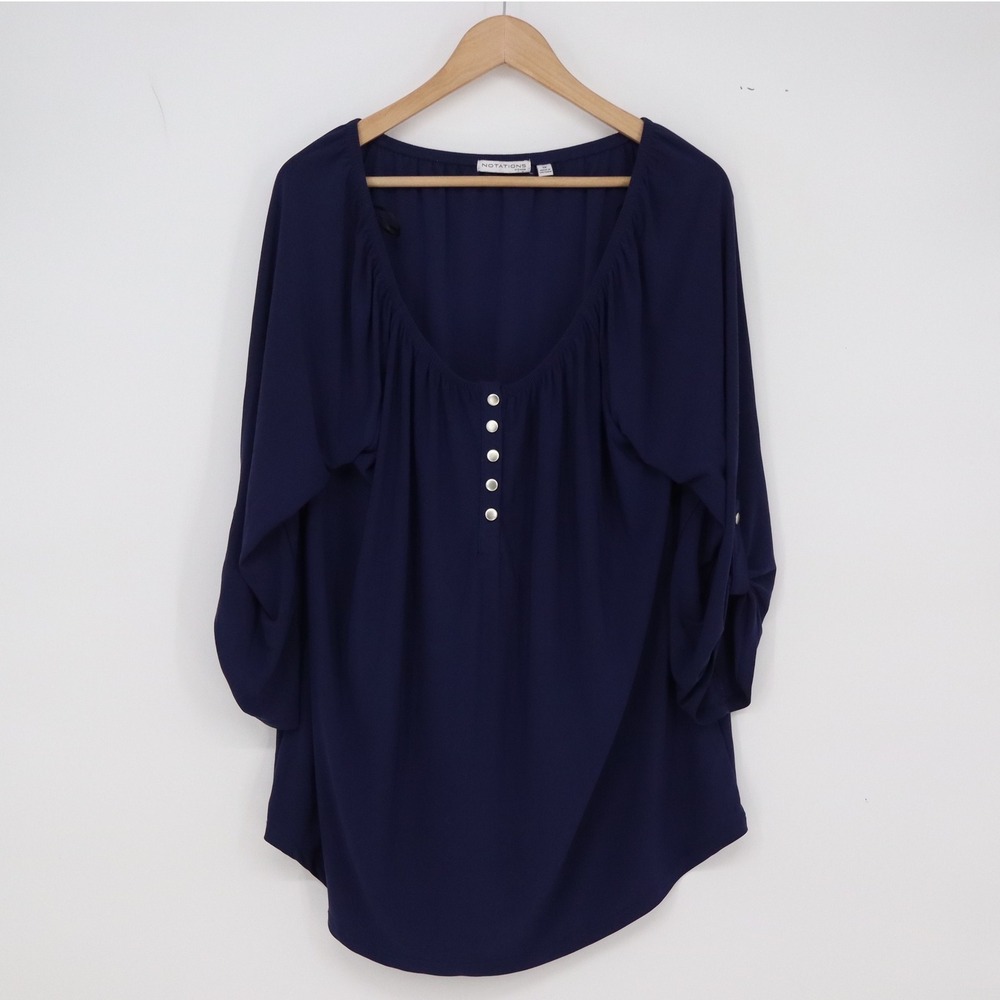 Notations Blouse Womens 1X Navy Blue Roll Tab Sleeve Solid Excellent